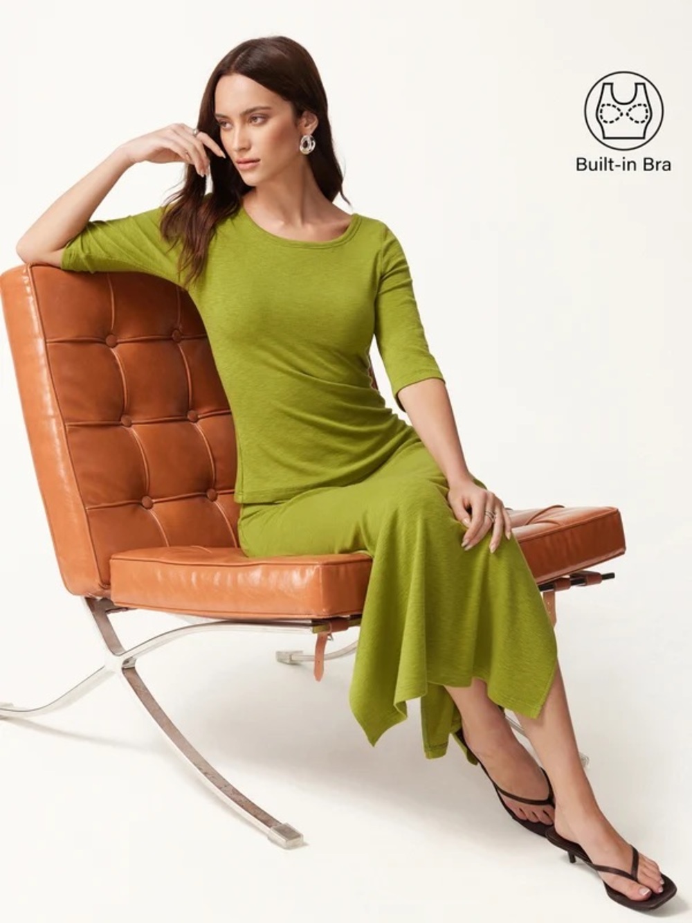 OGL 2Pcs Set Round Neck Elbow Sleeve Bra Top & Side-Slit A-Line Midi Skirt